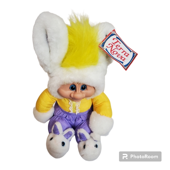 Vintage 1992 Easter BUNNY TROLL plush doll, 90s yellow hair troll with Bunny ear - Picture 2 of 9